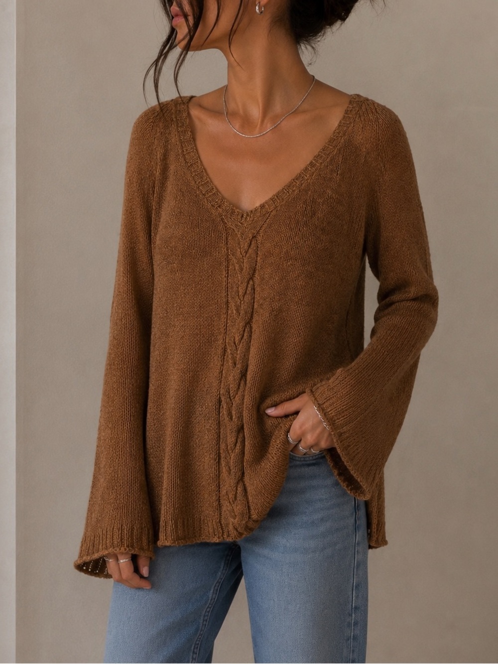 One Teaspoon Camel V-Neck Cable Knit Sweater